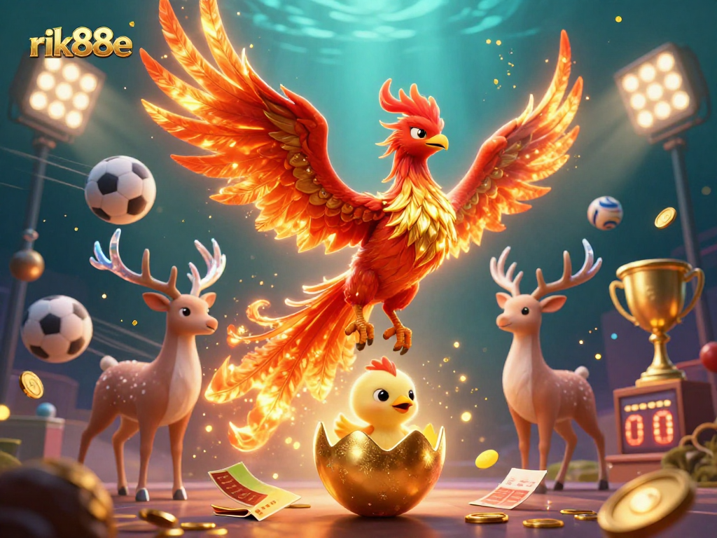 Engage with rik88e for epic gaming excitement featuring vibrant 3D phoenix and sports elements.