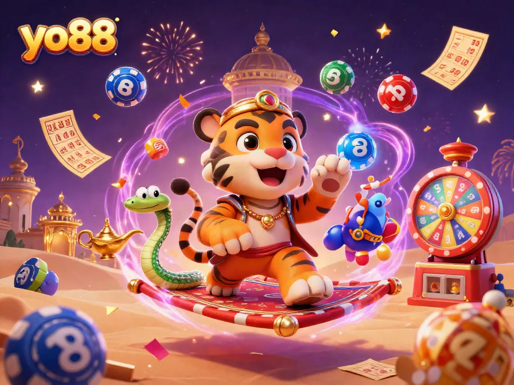 Join the excitement at yo88 with colorful lottery balls and dynamic casino elements in a vibrant 3D illustration.