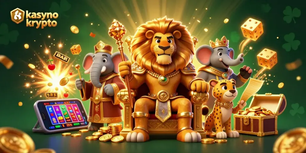 Experience excitement at kasyno krypto with a fierce lion king surrounded by vibrant casino elements.