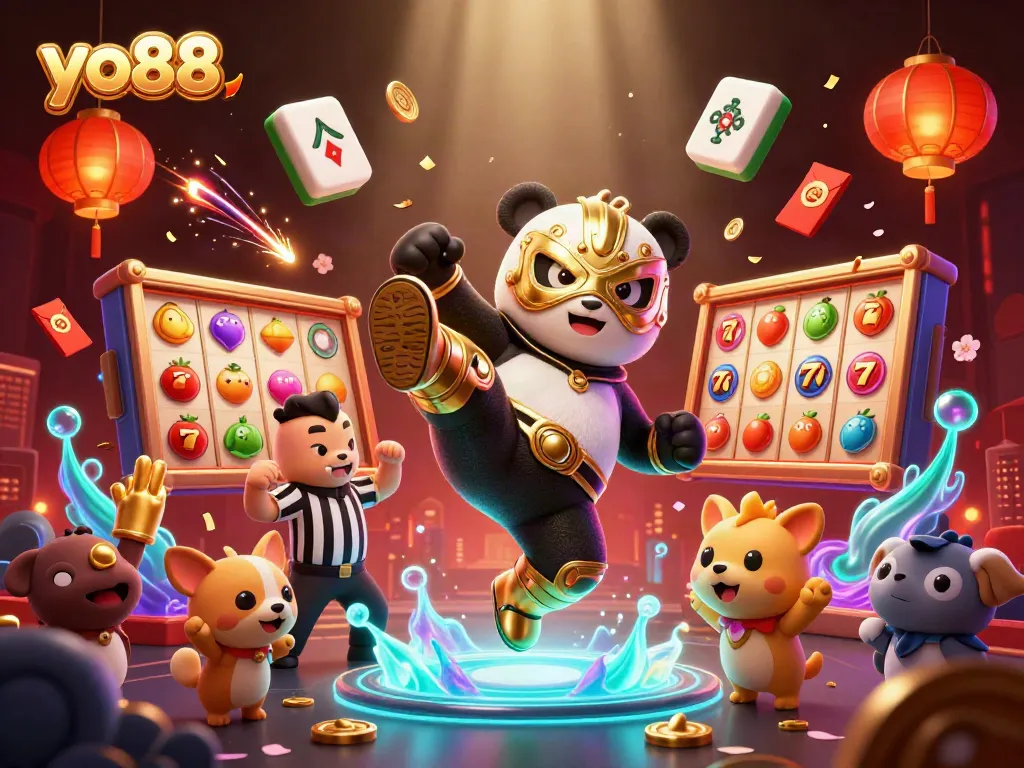 Experience thrilling game action with yo88 featuring a panda wrestler in a dynamic casino scene.