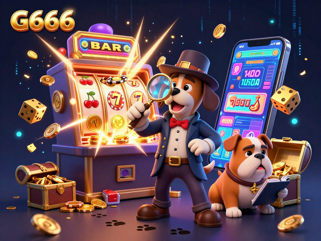Experience the thrilling G666 atmosphere with a detective examining a golden poker chip, surrounded by dynamic casino elements.