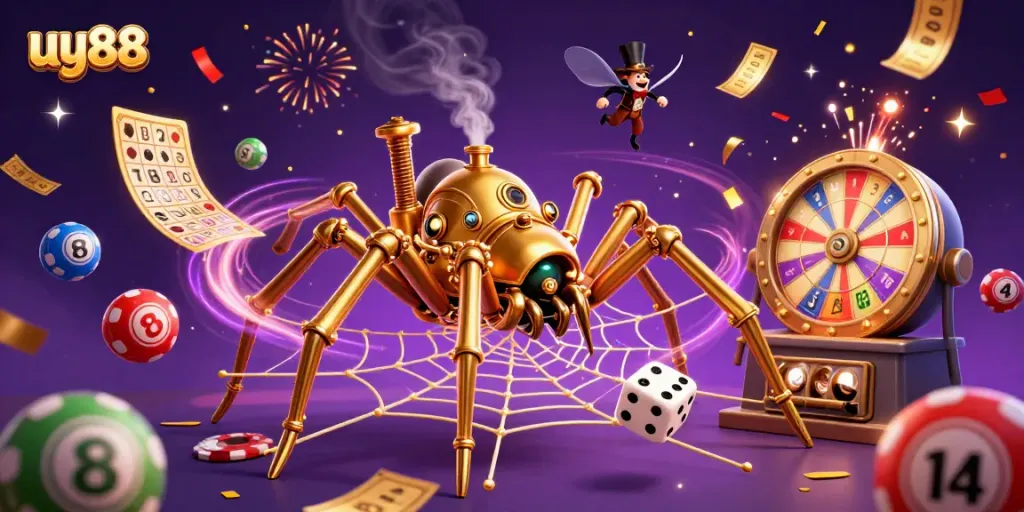 Experience the dynamic world of uy88 with a steampunk spider and gambling elements, all in 3D digital art.