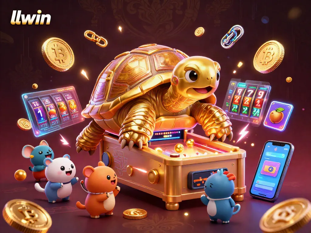 Experience excitement at llwin with a colossal tortoise pinball machine amid vibrant slot reels.