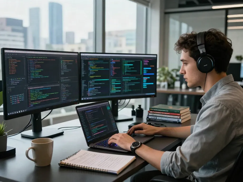 Cybersecurity professional analyzing pecah404 data in a modern tech workspace