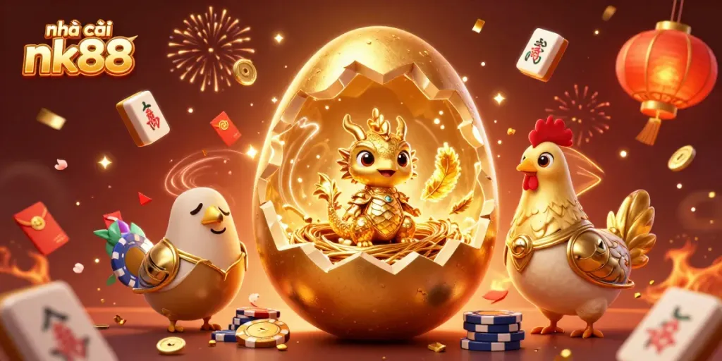 Engage in exciting gambling with nhà cái nk88, featuring a golden dragon guarding poker chips in a vibrant scene.