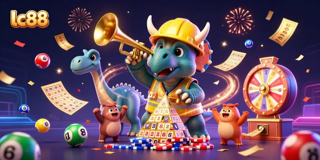 Experience excitement at lc88 with a vibrant 3D gaming celebration and colorful lotto elements.