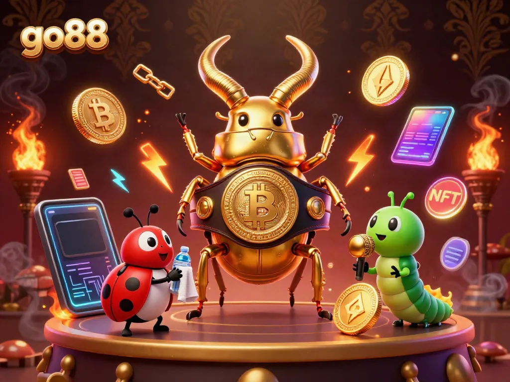 Go88 Illustration: Engaging scene of dynamic characters in a gaming arena with colorful cryptocurrency elements.