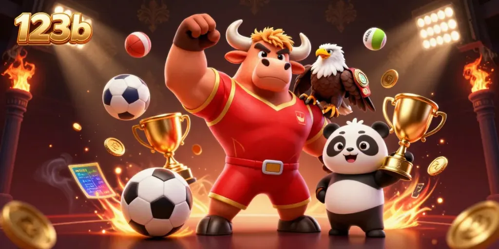 Experience the excitement of betting at 123b with a vibrant scene showcasing animated characters and dynamic sports elements.