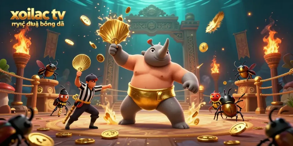 Xoilac tv trực tiếp bóng đá showcases a lively sumo wrestling scene featuring a rhinoceros beetle and a cricket referee amidst flying coins and vibrant atmosphere.