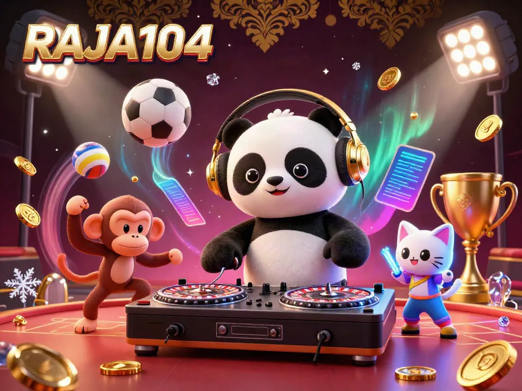 Experience incredible wins at RAJA104 with our colorful casino scene, featuring a DJ panda and gaming action.