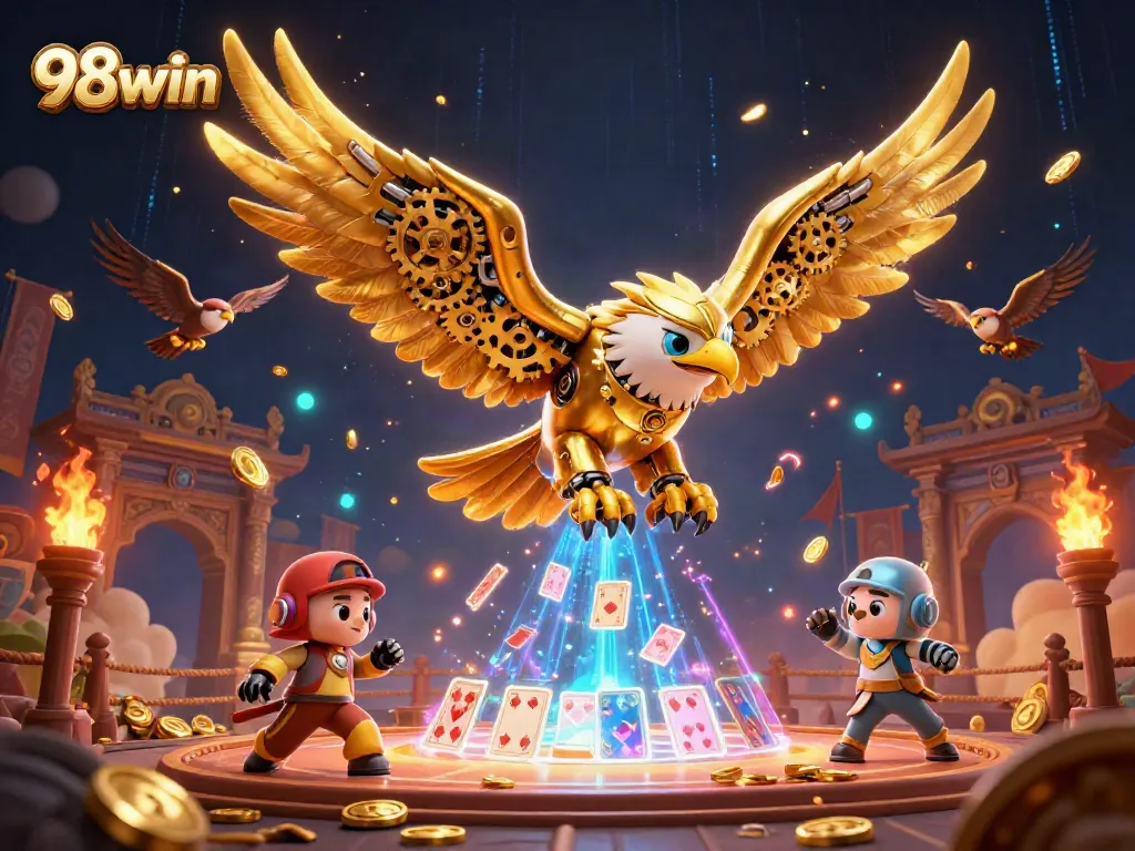Experience thrilling gameplay at 98win with a dynamic scene of a cybernetic eagle amid holographic cards and betting tokens.