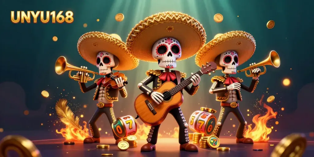 Menangkan jackpot di UNYU168 dengan gambar slot berwarna-warni dan rangka mariachi.