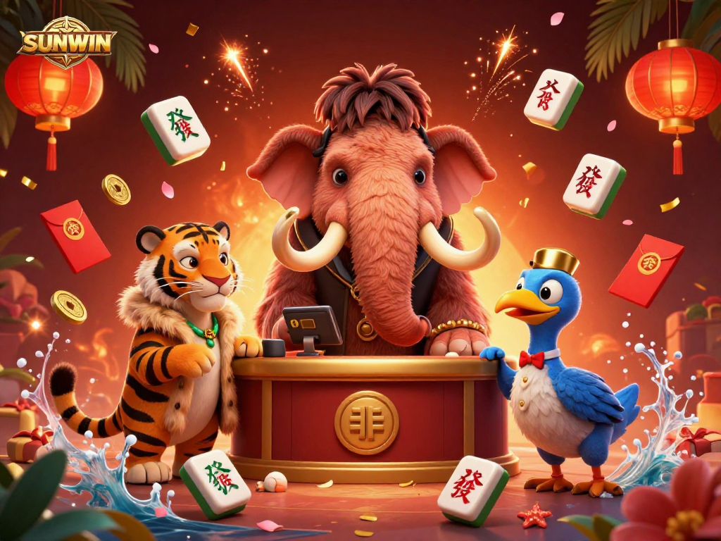SUNWIN invites players to experience a luxurious casino with a woolly mammoth bouncer and saber-tooth VIP guests in a vibrant setting.