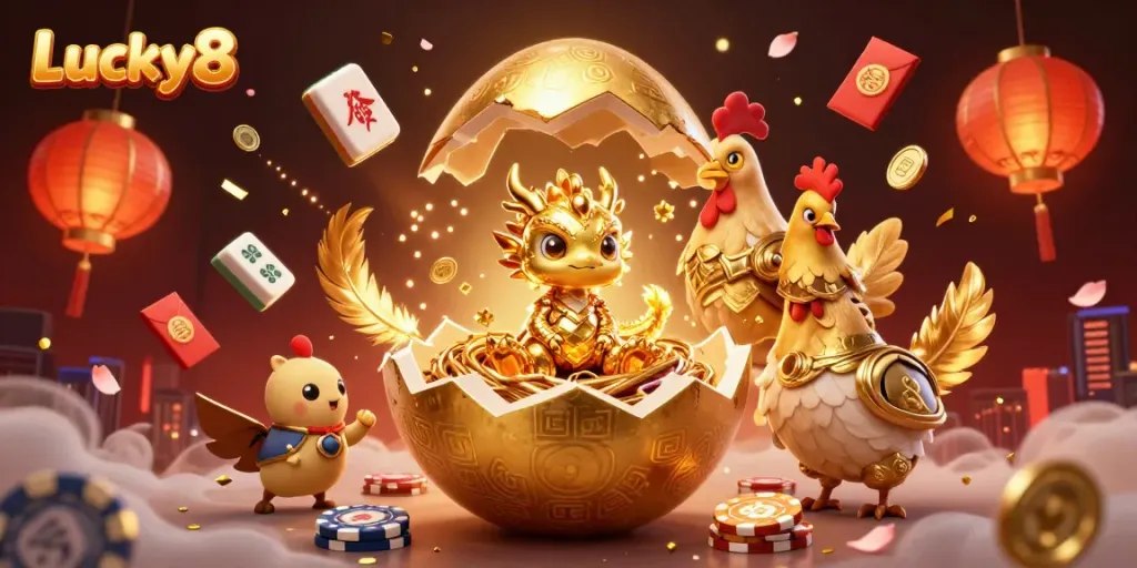 Experience thrilling luck with Lucky8's golden dragon surrounded by dynamic casino elements.