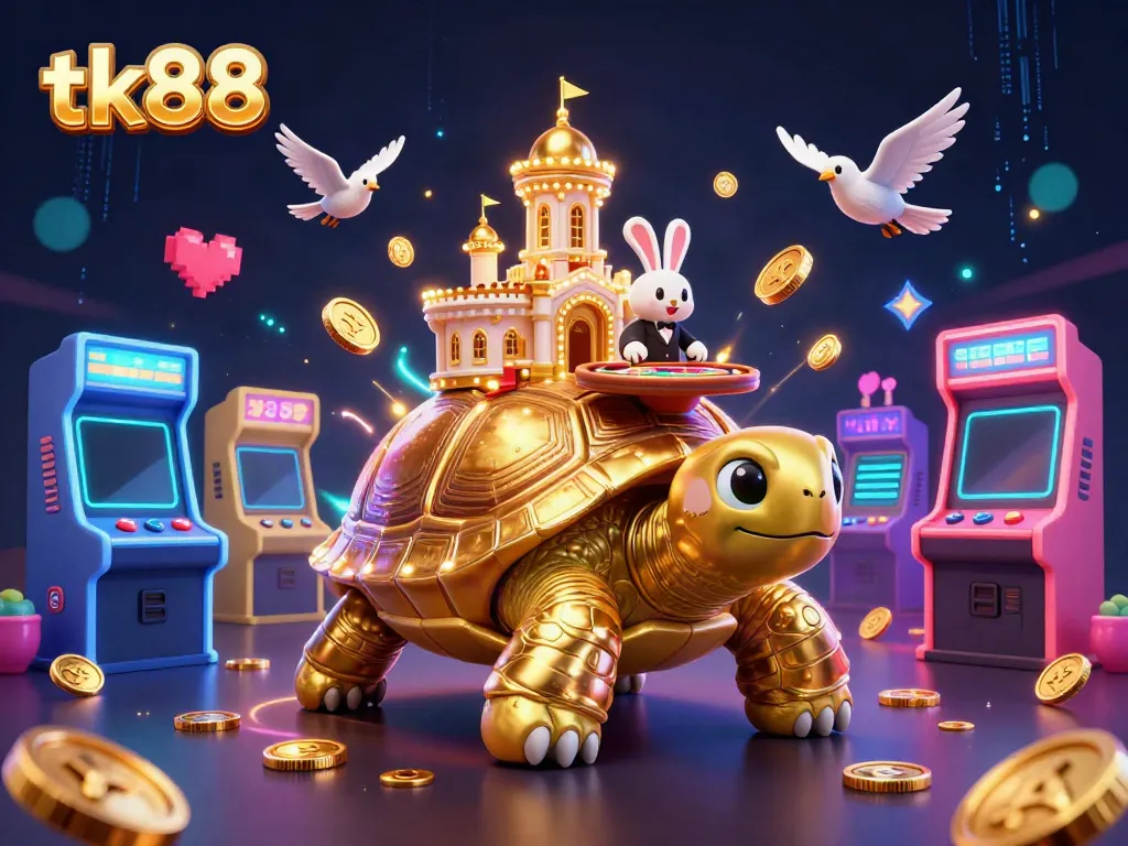 Join the tk88 adventure with a golden tortoise casino and rabbit dealer in a vibrant setting!