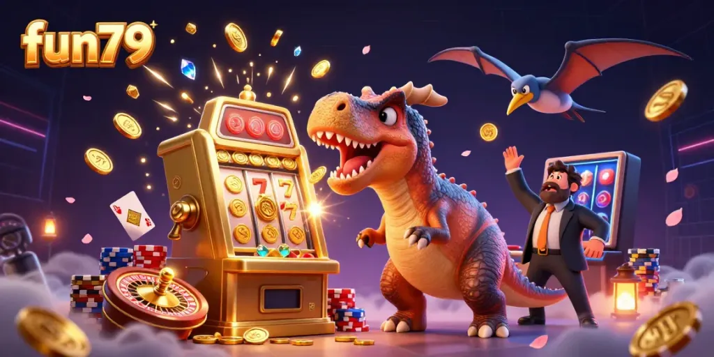 Experience thrilling gameplay at fun79 with a pachycephalosaurus and golden slot machine in a dynamic casino setting.