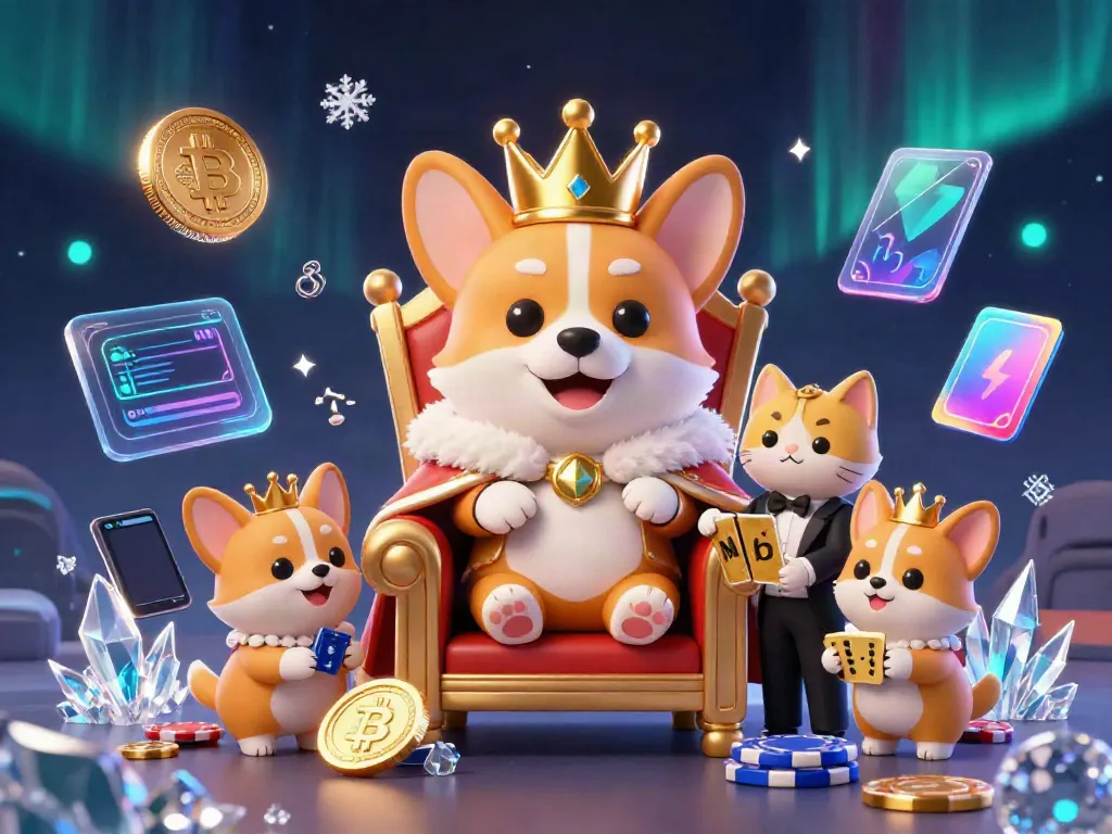 Experience festive fun with hm88, featuring a royal corgi on a throne of poker chips amidst crypto elements.
