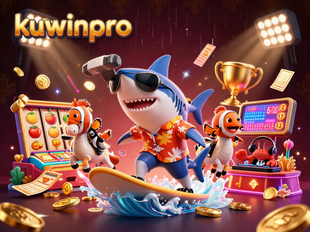 Kuwinpro showcases an exciting online casino scene featuring dynamic 3D characters amidst vibrant slot games and glowing trophies.