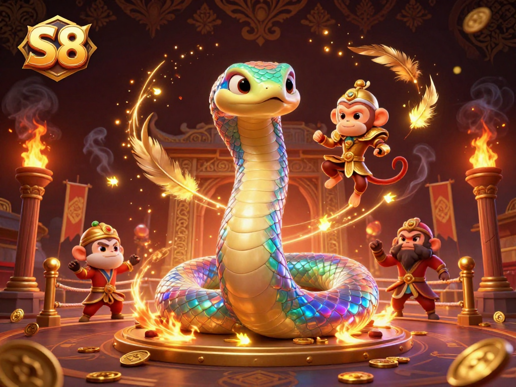 Experience the vibrant thrill of S8 gaming with a rainbow serpent and golden monkey king.