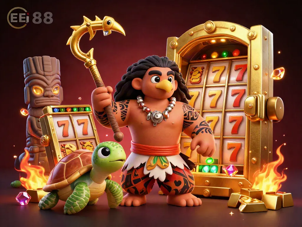 Experience the thrill of EE88 with a vibrant casino scene filled with gold treasures and dynamic gaming elements.