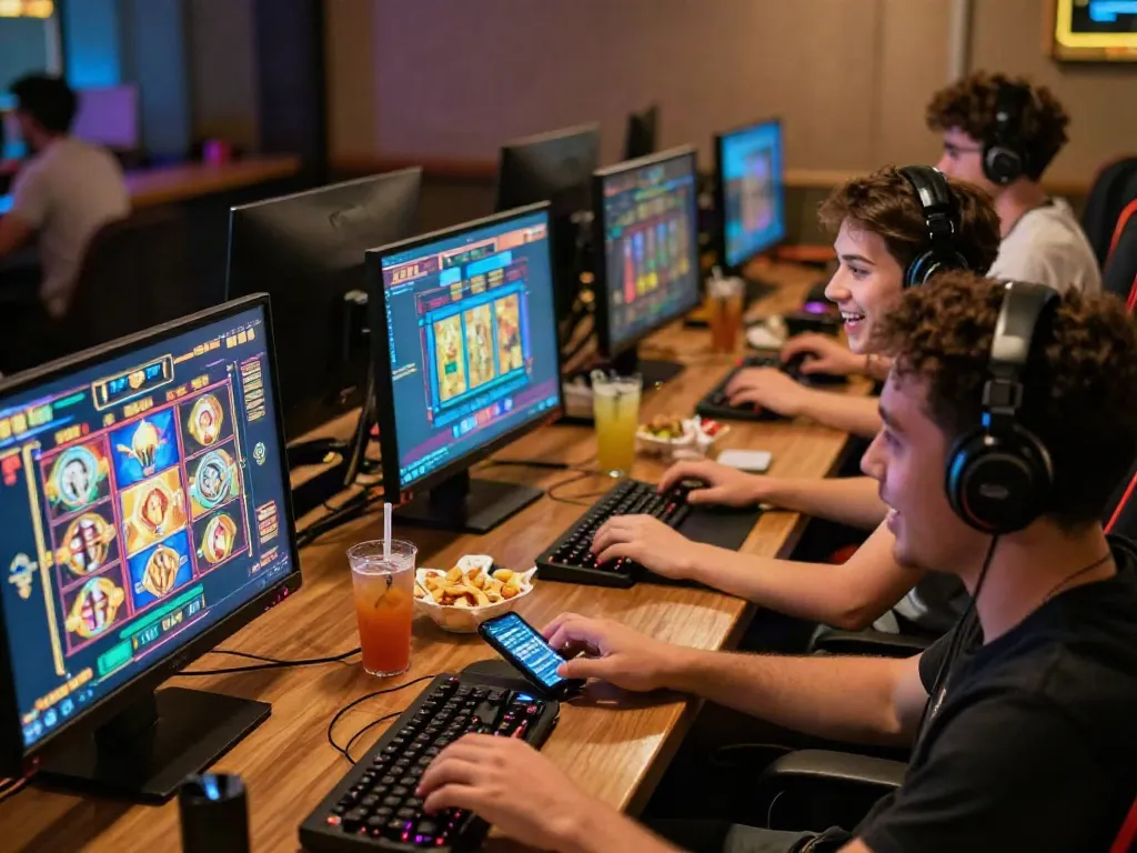 Players enjoying slot777 games in a vibrant gaming lounge, capturing excitement.