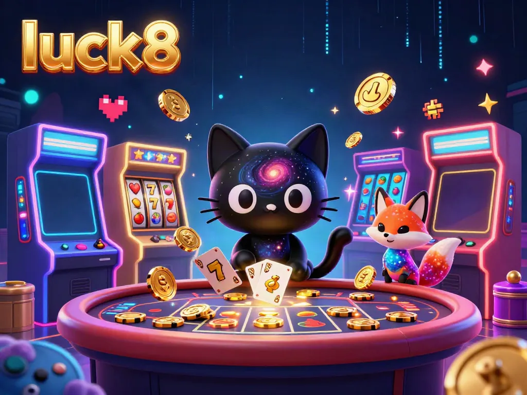 Experience the thrill of luck8 at a cosmic casino with a black hole cat and a nebula fox.