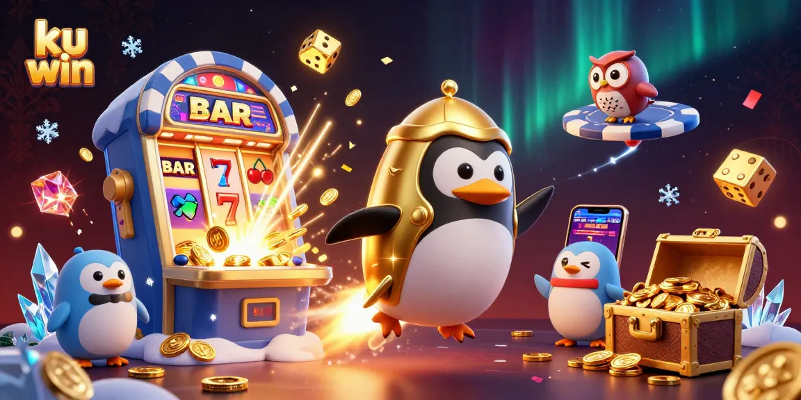 Experience the thrilling action of ku win as a golden penguin leaps towards casino winnings in vibrant 3D style.