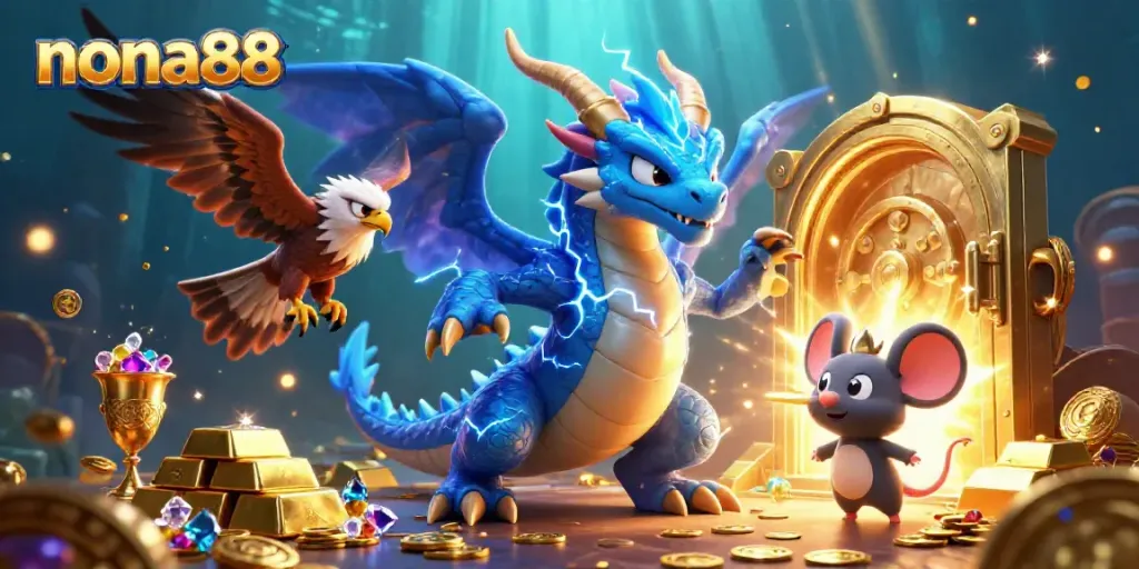 Experience the thrill of nona88 with a dynamic casino scene featuring a thunder dragon and rich treasures.
