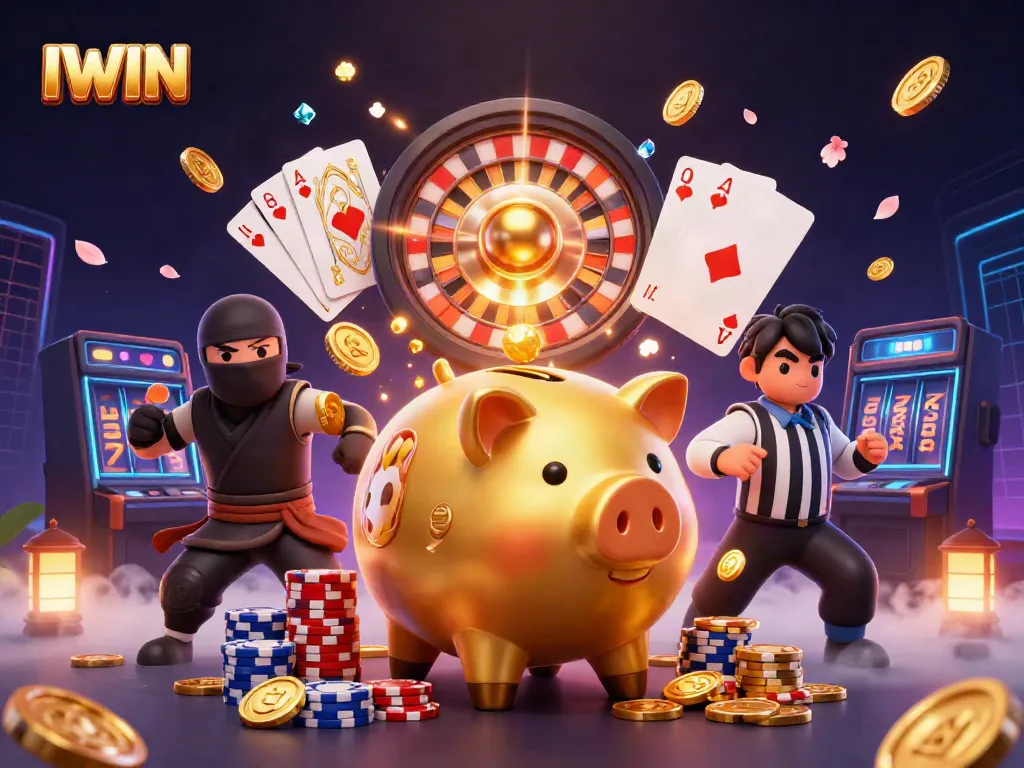 IWIN features a dynamic gambling scene with colorful characters and vibrant casino elements.