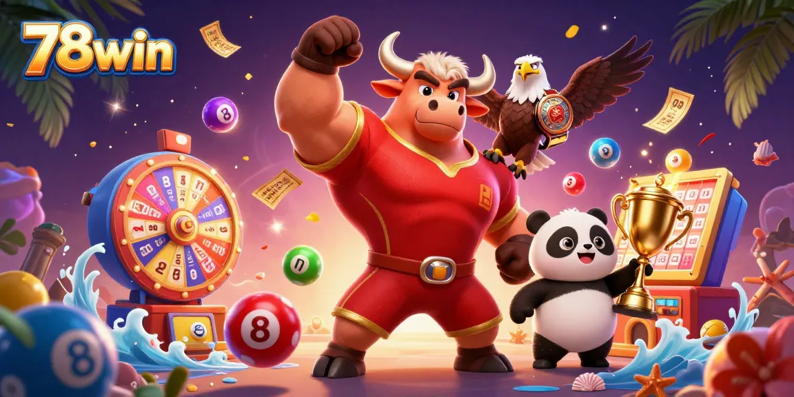 Engage with exciting wins at 78win with trophy-winning characters celebrating a colorful jackpot.