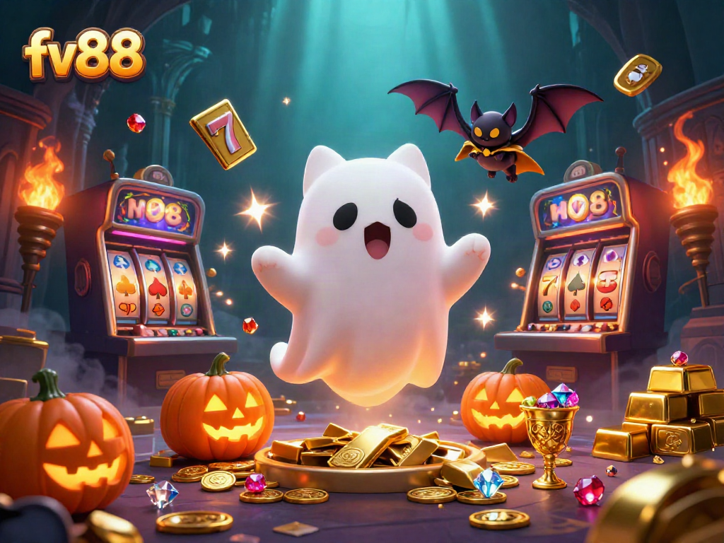 Experience thrilling slots with fv88 in a vibrant haunted casino scene filled with treasures.