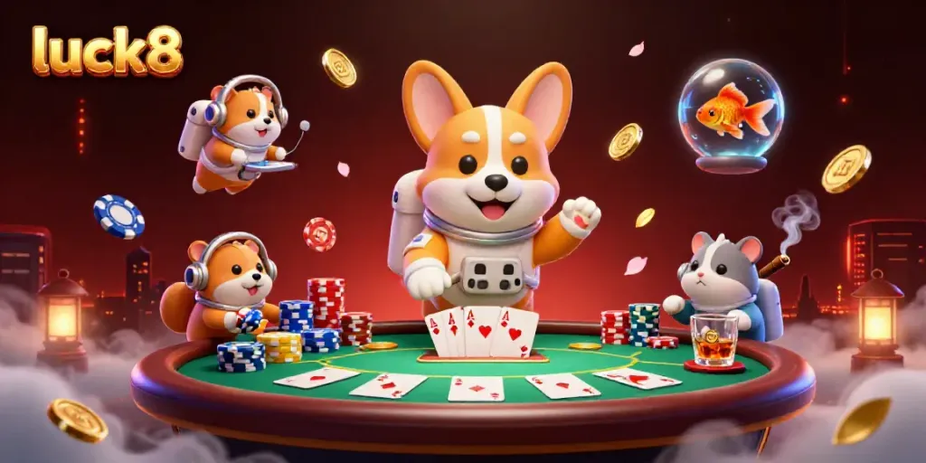 Experience luck8 in a colorful space station casino with floating poker chips and characters.