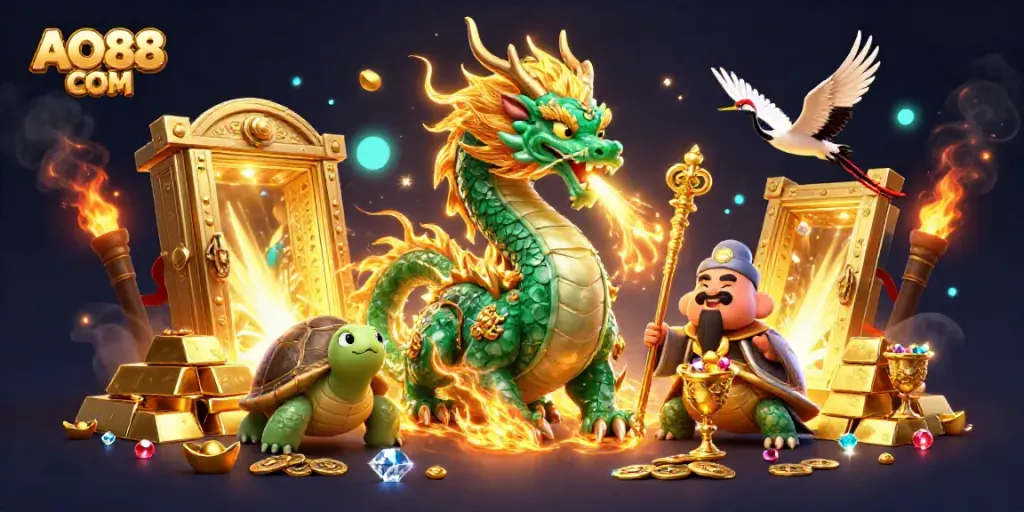 Experience the magic of AO88 COM with a lively scene of a jade dragon, turtle sage, and lucky cranes amidst treasures.