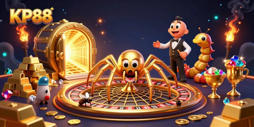 KP88 engages players with a thrilling roulette scene featuring a golden spider and dynamic casino elements.