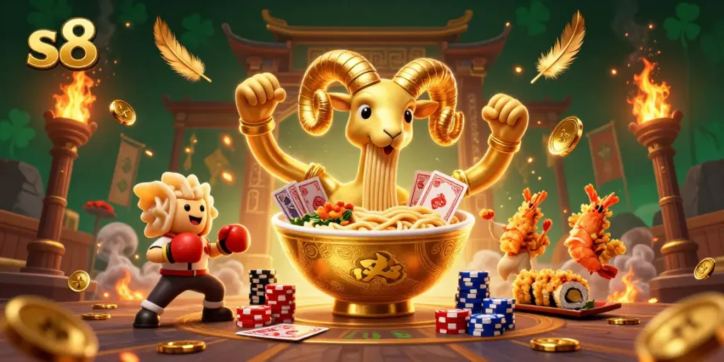 Engage with thrilling s8 gambling action featuring animated ramen dealer, sushi, and tempura cheerleaders.