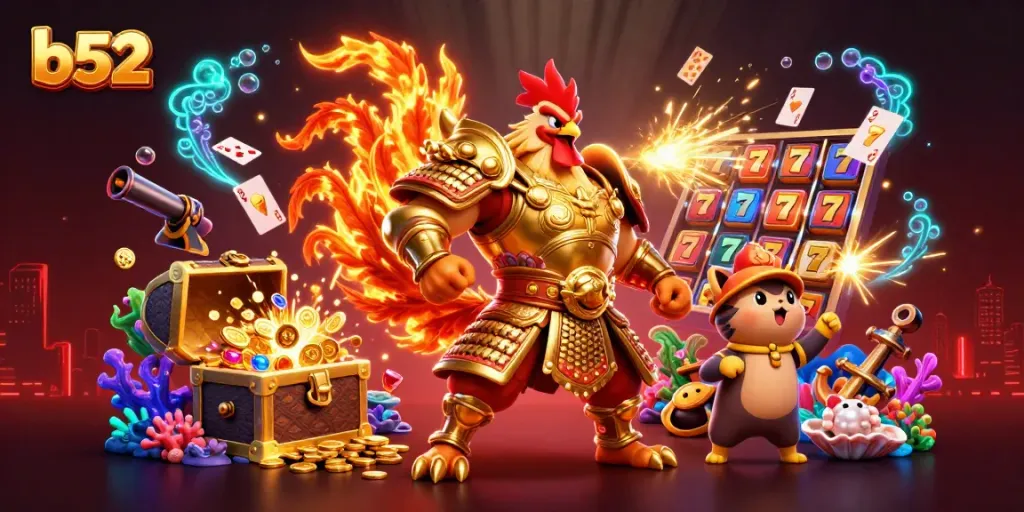 Experience thrilling b52 action with a gaming rooster warrior, armored dragon, and fortune cat amid exciting casino elements.