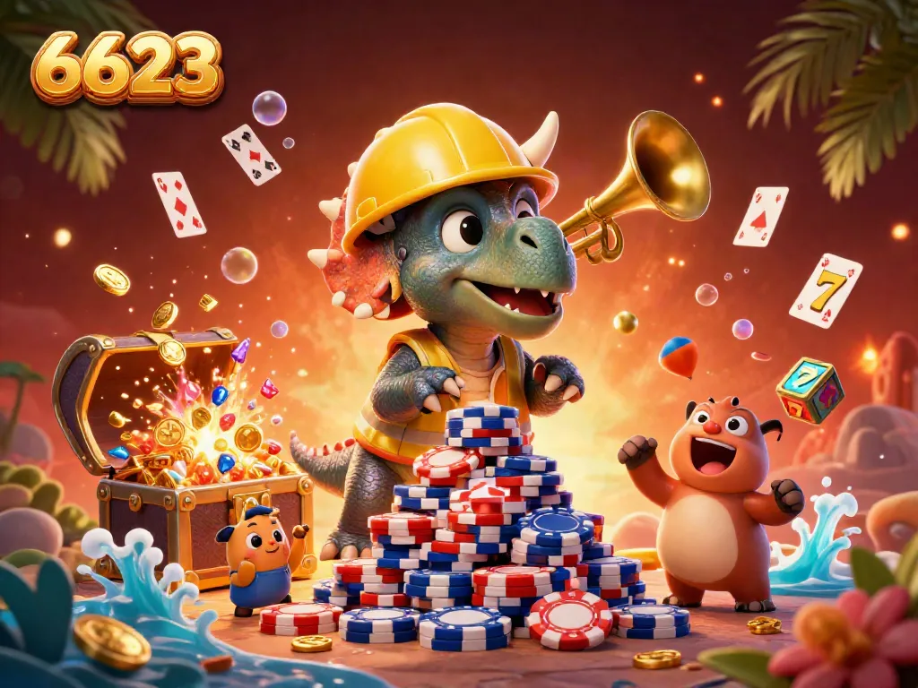 Join the excitement at 6623 with a thrilling casino scene featuring a playful triceratops celebrating wins among poker chips.