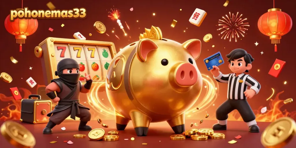 Pohonemas33 menyajikan gambar ilustrasi penuh warna dari karakter kasino bergaya 3D, dengan koin emas yang berhamburan dalam perayaan permainan.