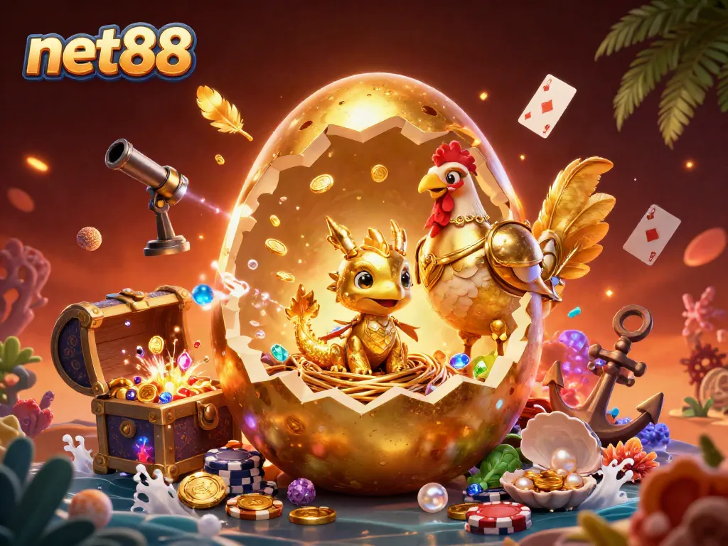 Experience net88's thrilling gaming world with a golden dragon guarding poker chips and vibrant treasure.