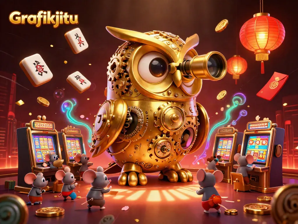 Experience the thrilling atmosphere of Grafikjitu with dynamic casino action illustrated through a golden owl and bustling patrons.