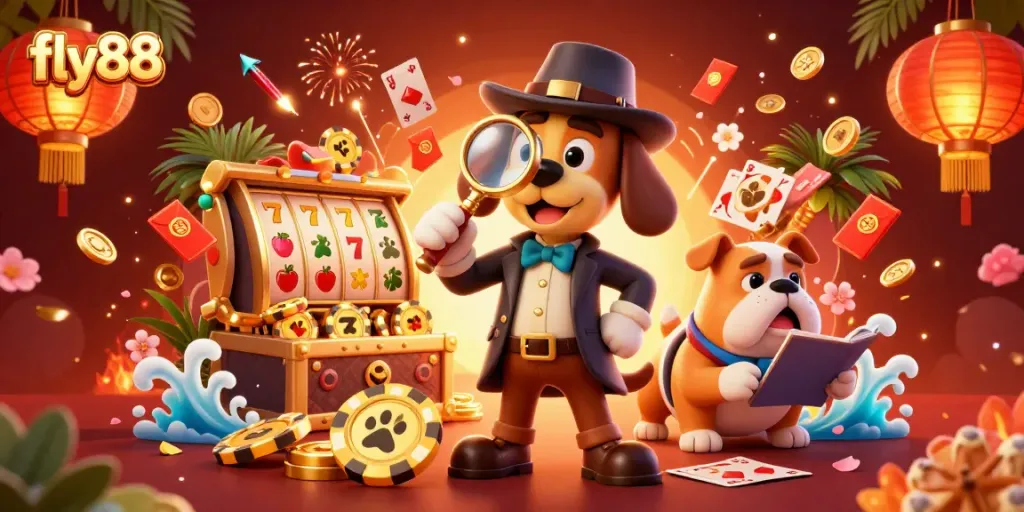 Engage with fly88's dynamic casino adventure featuring a detective and bulldog surrounded by gaming elements.