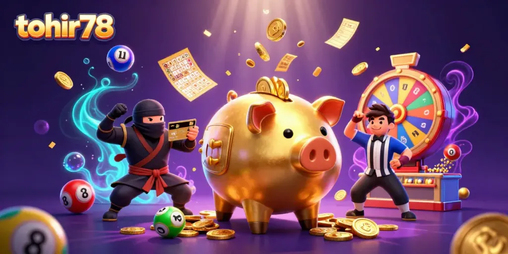 Experience thrilling moments with tohir78 as the sumo piggy bank battles in a vibrant casino scene.