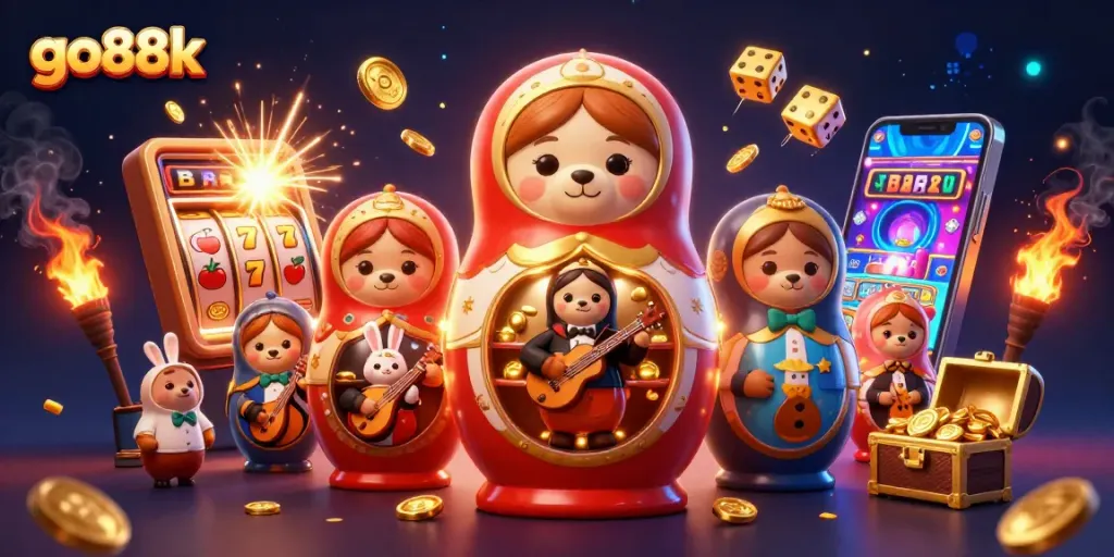 Experience the thrill of go88k with a vibrant casino scene bursting with games, characters, and excitement!