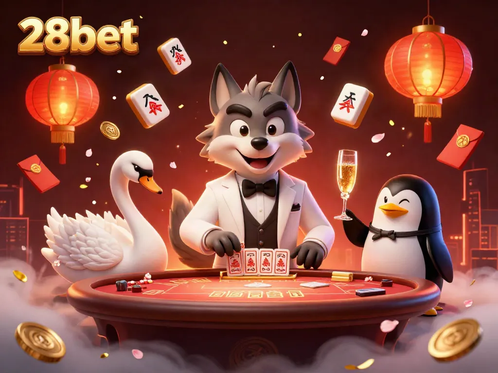 Experience the excitement of 28bet with a cartoon wolf, swan, and penguin in a vibrant casino setting.
