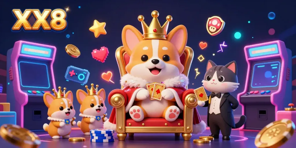 Experience exciting gameplay at XX8 with a lively scene featuring a royal corgi and vibrant casino elements.