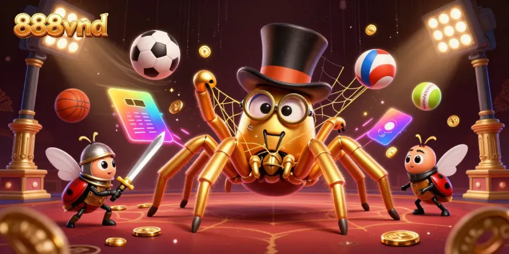 Experience the thrill at 888vnd with an adventurous cartoon scene featuring a tarantula and a knight in a vibrant casino.