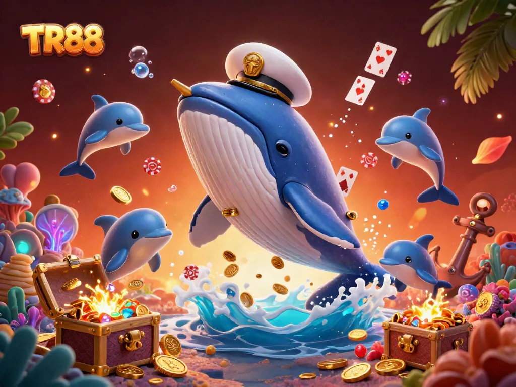 Experience the excitement at TR88 with a whimsical underwater scene featuring a whale, narwhal, and dolphins amidst gold coins.