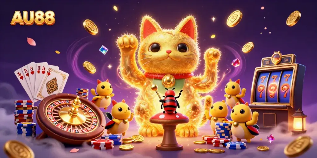Experience the excitement of AU88 with a vibrant portrayal of a lucky cat amid dazzling casino elements.