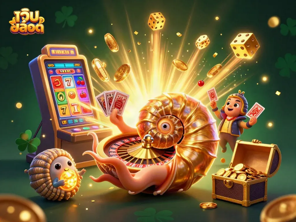 Engage with เว็บสล็อต at this dynamic casino scene featuring a giant nautilus and overflowing treasures.