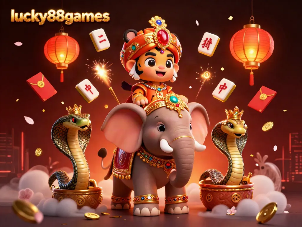 Engage in exciting gameplay at lucky88games with a vibrant 3D illustration featuring a majestic maharaja tiger and casino elements.